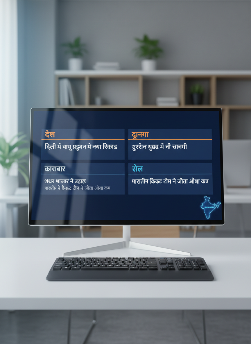A sleek digital news dashboard displayed on a thin, modern 4K monitor, showing crisp Hindi headlines in bold Devanagari script, organized into clear sections for देश, दुनिया, कारोबार, और खेल. The screen sits on a clean white desk with a dark matte finish keyboard and a small, subtle भारत का नक्शा icon glowing softly in the corner. Cool, diffused daylight from an unseen window illuminates the scene, creating gentle reflections on the monitor’s glass. Shot at eye level with a shallow depth of field, the background fades into a soft blur of neutral office tones. The mood is professional, trustworthy, and focused, captured in photographic realism with a clean, modern news-room aesthetic.