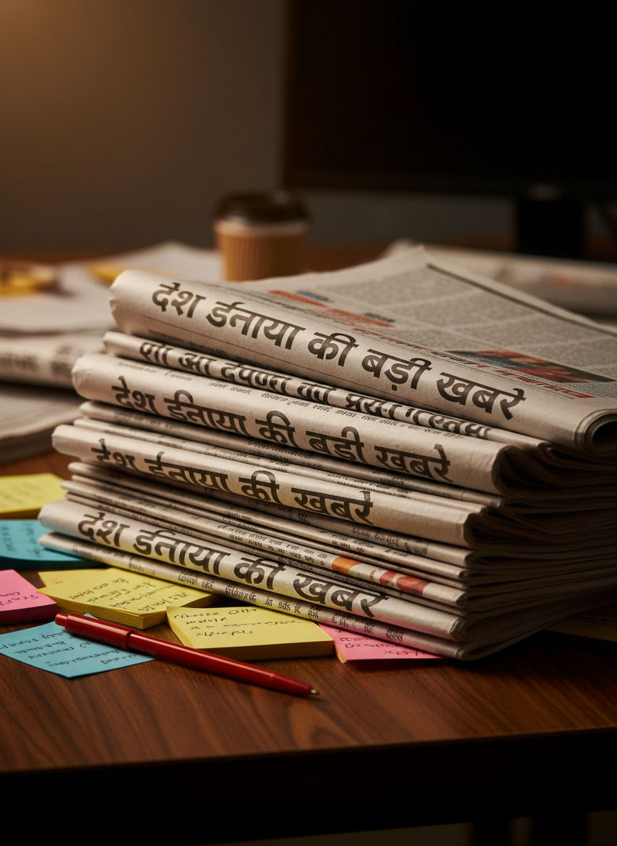 A dramatic close-up of a stack of freshly printed Hindi newspapers, their slightly rough, off-white pages fanned out to reveal bold black Devanagari headlines about देश-दुनिया की बड़ी खबरें. The ink appears rich and dense, with subtle imperfections adding authenticity. The stack rests on a dark wooden editorial table scattered with color-coded sticky notes and a single red pen lying diagonally. Warm overhead studio lighting creates pronounced shadows between the pages and soft highlights along the paper edges. Shot from a slightly elevated angle with sharp focus on the headlines and gentle bokeh in the background, the atmosphere feels urgent yet organized, evoking a serious, professional news environment in realistic photographic style.