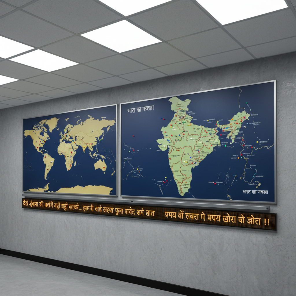 A large wall-mounted world map and detailed भारत का नक्शा side by side in a modern newsroom-style space, each covered with tiny magnetic markers and color-coded pins highlighting प्रमुख खबरों वाले क्षेत्र. Beneath the maps, a slim, metallic news ticker bar displays scrolling Hindi text in glowing amber characters. Cool, balanced LED panel lighting evenly illuminates the surfaces, casting minimal shadows and emphasizing crisp details. The polished concrete wall behind adds subtle texture without distraction. Captured from a wide-angle, slightly off-center composition using the rule of thirds, the depth is sharp throughout. The mood is analytical, global, and data-driven, rendered in clean photographic realism to represent देश-दुनिया की बड़ी खबरें in a professional tone.