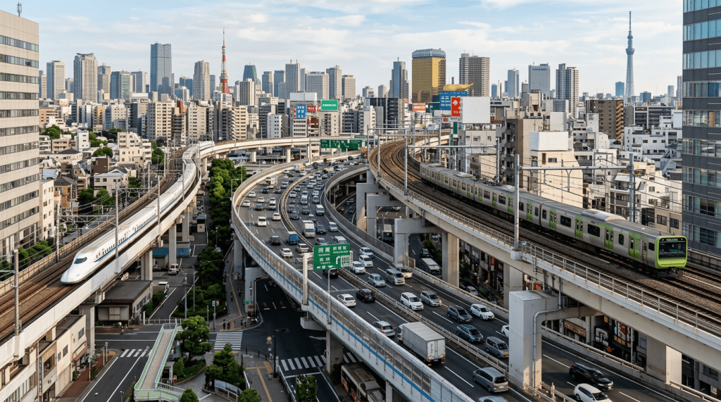 Tokyo cityscape with highways, Shinkansen and local trains