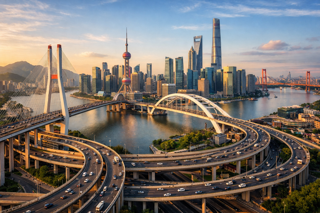 Shanghai cityscape with high-rise buildings, two bridges, and curving highways over a river in golden hour light